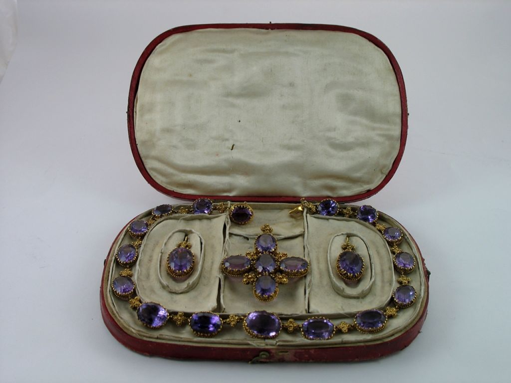 19th century amethyst and gold cross pendant necklace/earrings