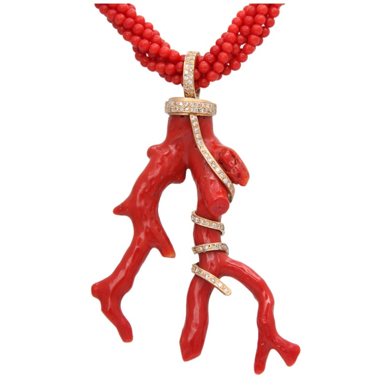Coral Branch & Diamond Necklace For Sale