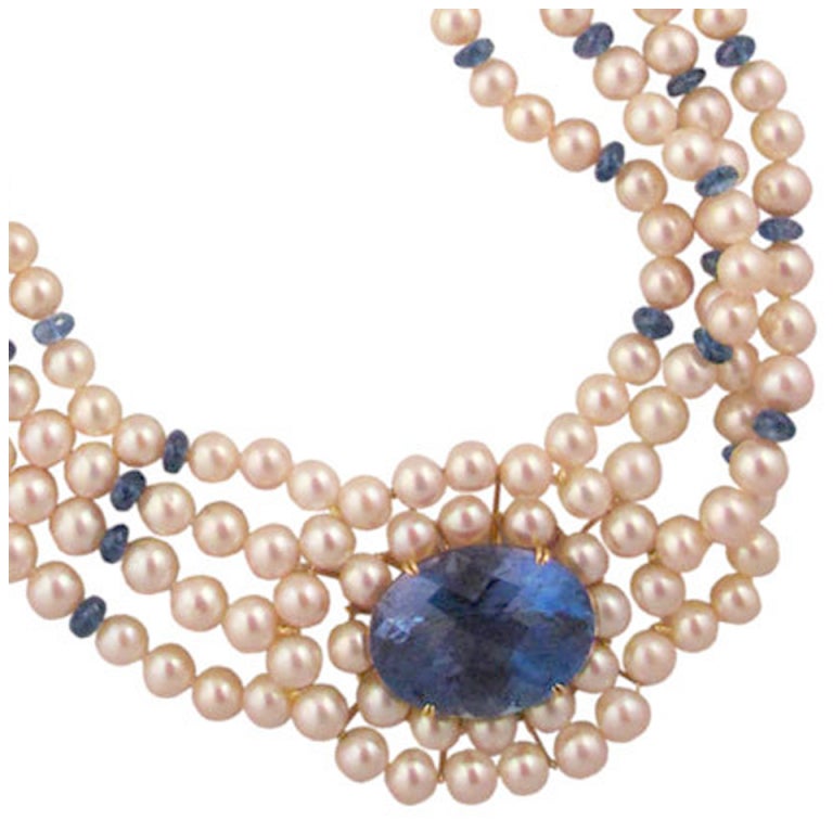 Pearl & London Blue Topaz Necklace For Sale