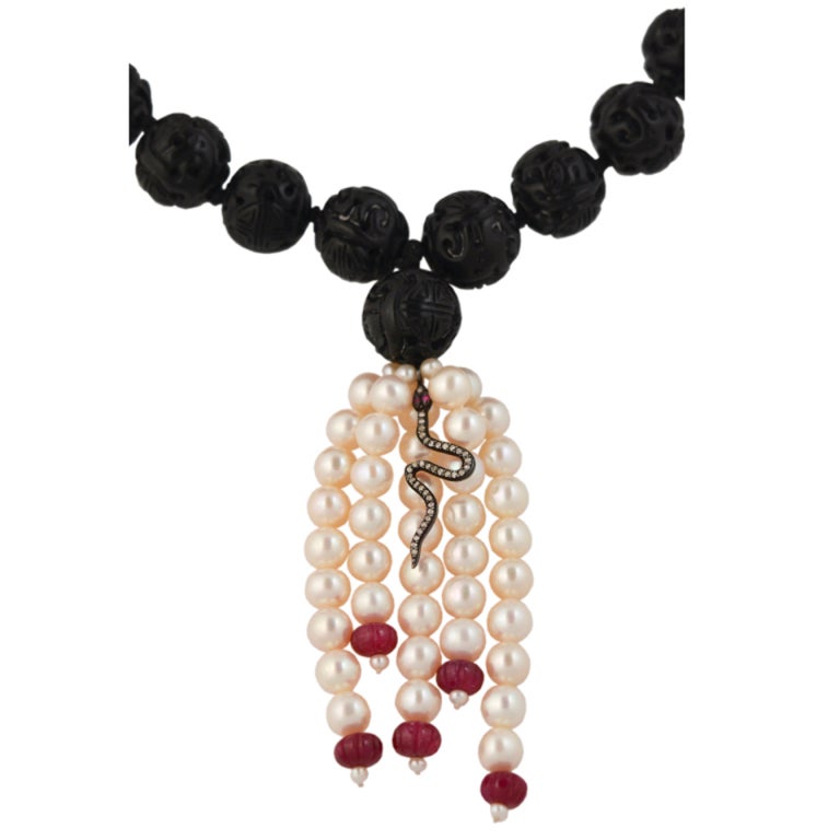 Pearls, Rubies & Diamond Necklace - "Snake Charmer" For Sale
