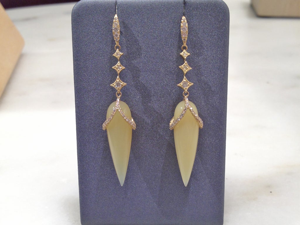One-of-a-Kind Lori Earrings in 18k yellow gold with milky yellow opals (26.50 carats) and diamonds (0.75 carats).