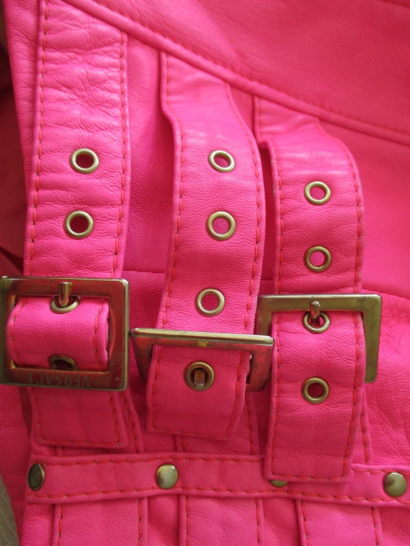 Versace Neon Pink Leather Moto Vest In Excellent Condition In Cloverdale, CA
