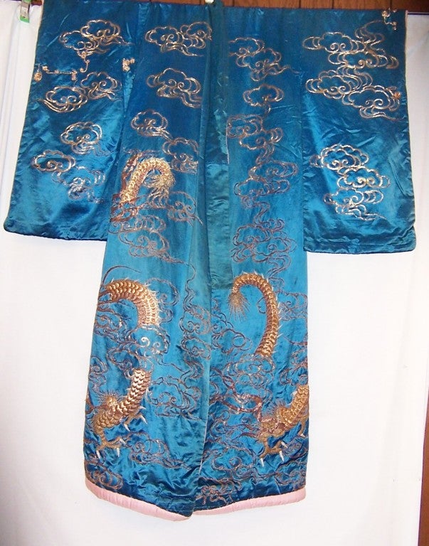 Women's Early 20th Century Deep Turquoise Japanese Formal Kimono with Dragons For Sale