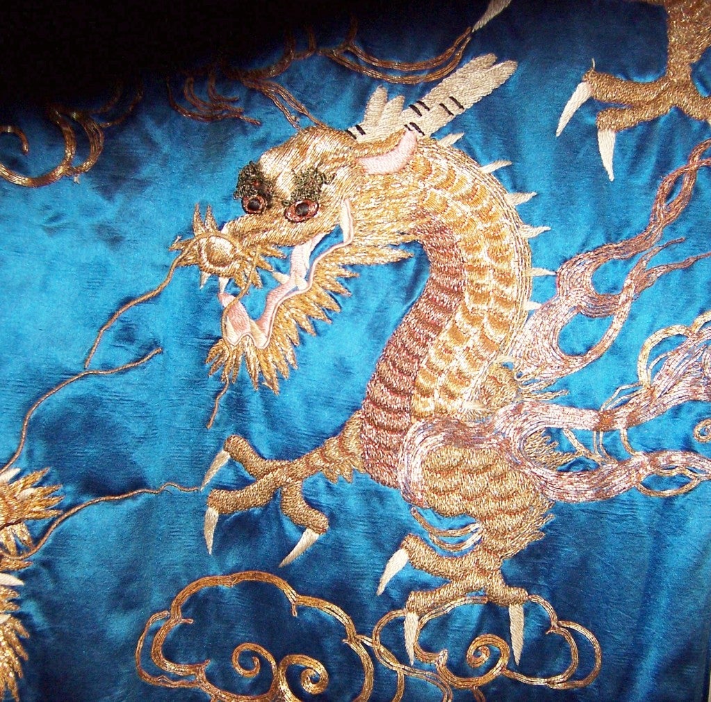 Early 20th Century Deep Turquoise Japanese Formal Kimono with Dragons For Sale 1