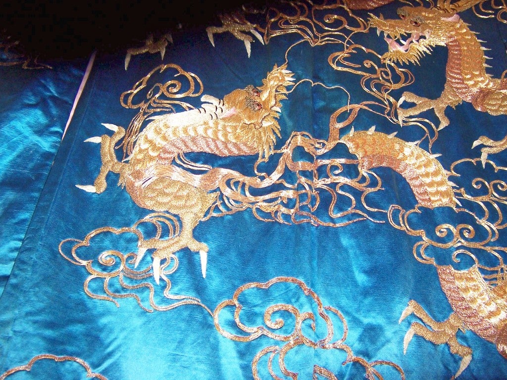 Early 20th Century Deep Turquoise Japanese Formal Kimono with Dragons For Sale 3