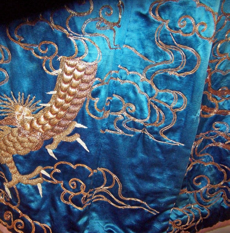 Early 20th Century Deep Turquoise Japanese Formal Kimono with Dragons For Sale 4