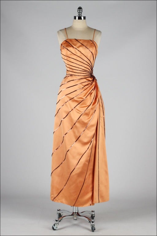 Vintage 1950's Emma Domb Copper Satin Sequins Starburst Dress 6
