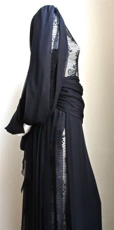 JAMES GALANOS black silk gown with sheer lace panels and long waist ties In Excellent Condition In San Fransisco, CA