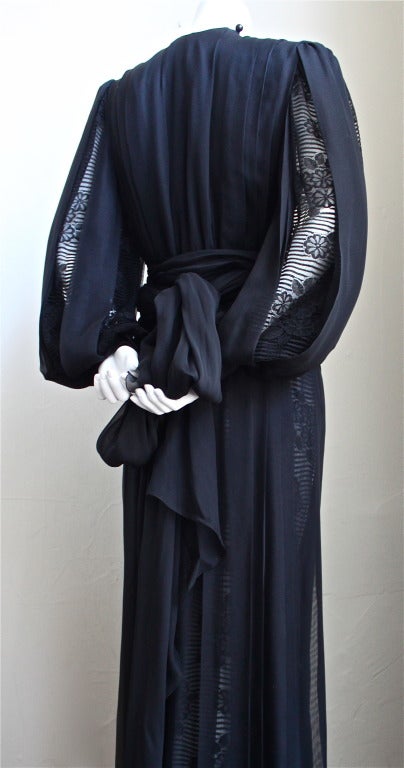 Women's JAMES GALANOS black silk gown with sheer lace panels and long waist ties