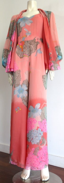 Pink Vintage HANAE MORI COUTURE Japanese floral silk jumpsuit & jacket set For Sale