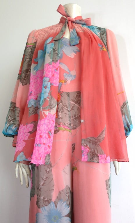Vintage HANAE MORI COUTURE Japanese floral silk jumpsuit & jacket set For Sale 2