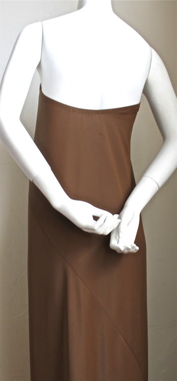 1976 HALSTON cocoa jersey spiral cut strapless gown In Excellent Condition In San Fransisco, CA