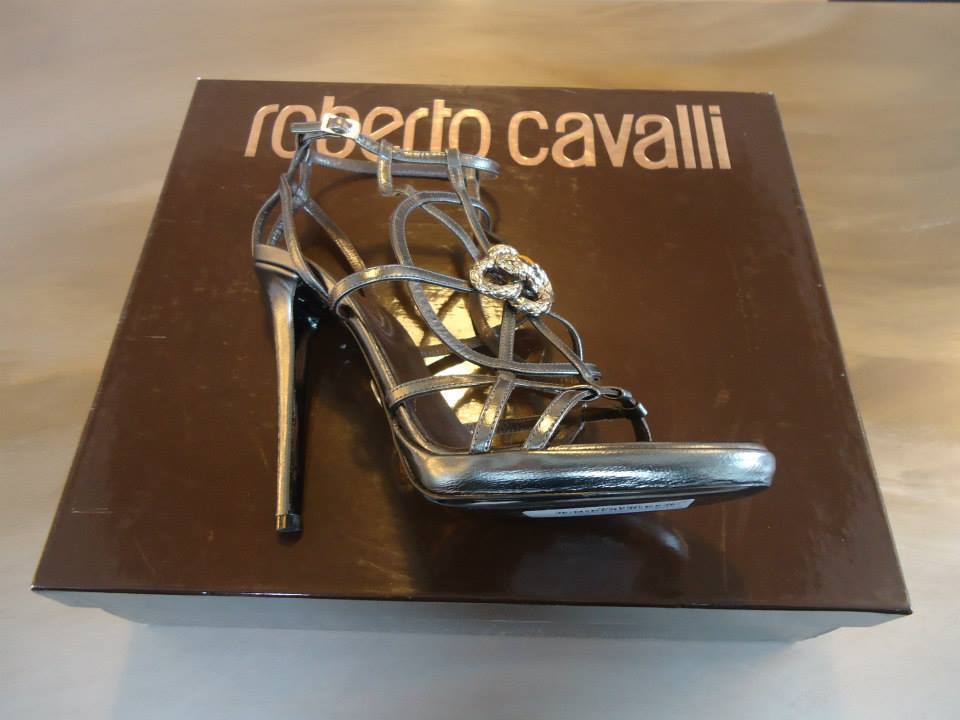 Roberto Cavalli Laminate Grey Kidskin Leather Sandal Size 39(It) 4
