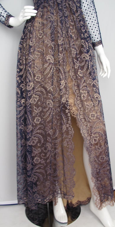 1990s Geoffrey Beene Lace Illusion Gown w/Dramatic Front Slit and Waterfall Hem 1