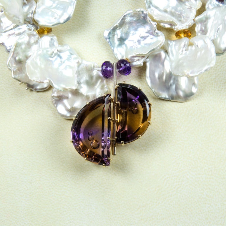 Modernist Keshi Pearl and Ametrine Gold Statement Pendant Necklace Fine Estate Jewelry