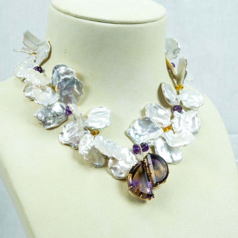 Mixed Cut Keshi Pearl and Ametrine Gold Statement Pendant Necklace Fine Estate Jewelry