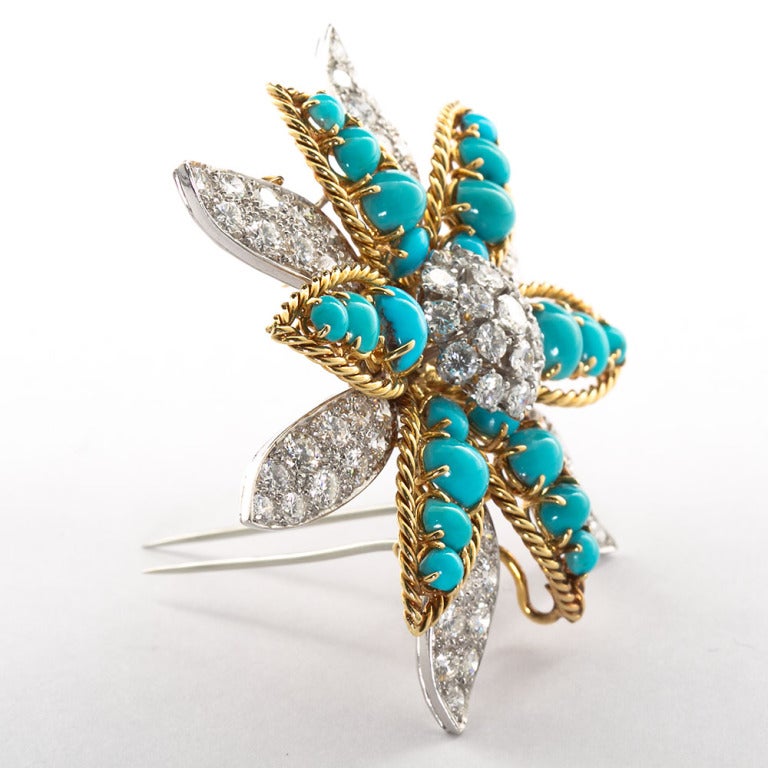 Women's David Webb Turquoise Diamond Gold Platinum Flower Brooch