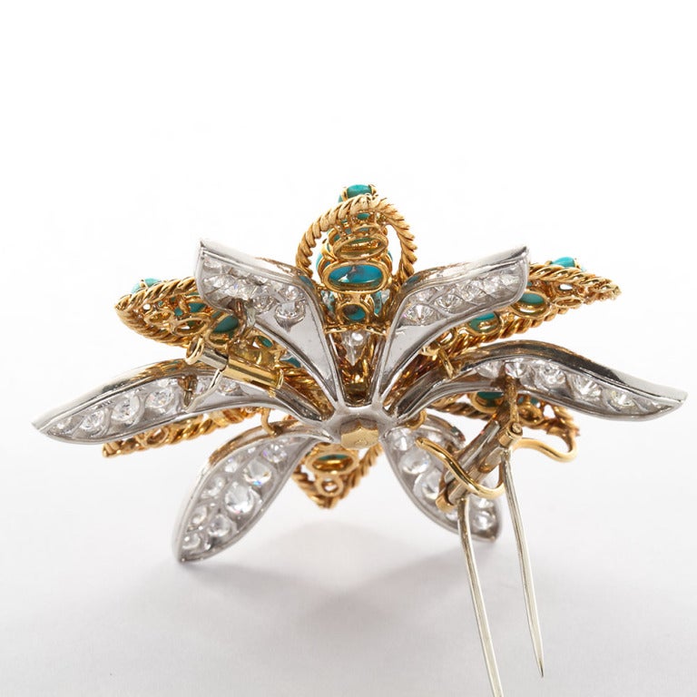 David Webb Turquoise Diamond Gold Platinum Flower Brooch 1