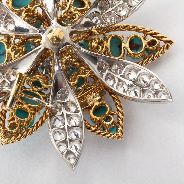 David Webb Turquoise Diamond Gold Platinum Flower Brooch 2