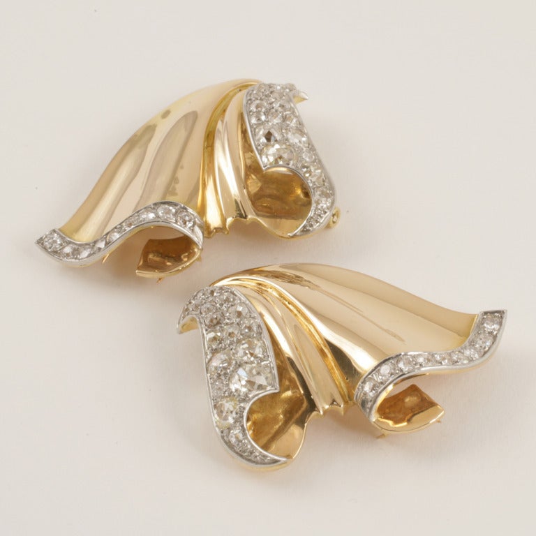 French Retro Diamond and Gold Double Clip/Brooch 1