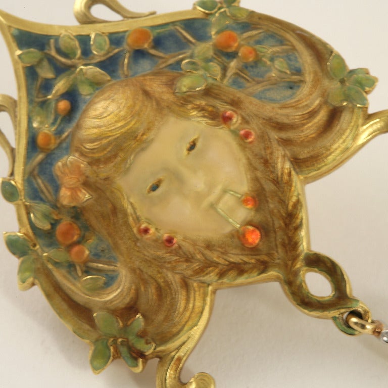 Women's Louis Aucoc Art Nouveau Enamel Pearl Diamond Gold Brooch