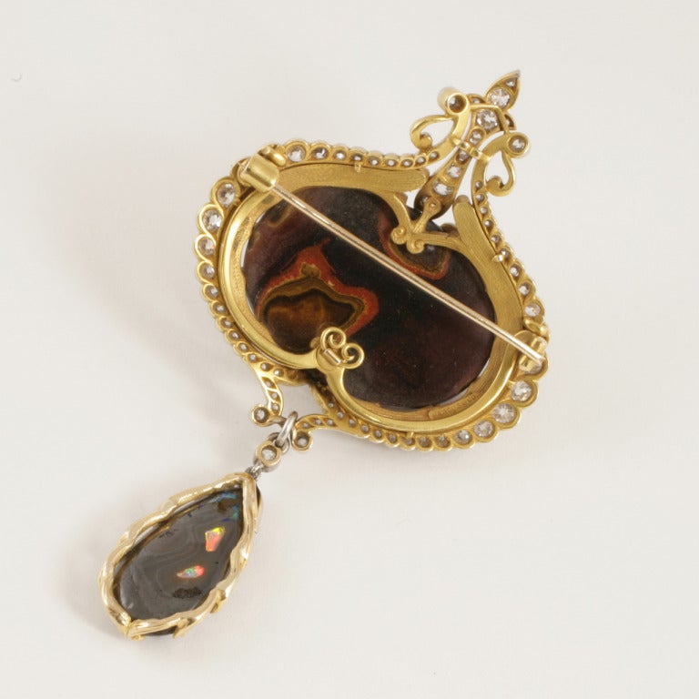 Art Nouveau Marcus & Co. Opal Diamond Gold Platinum Brooch Pendant