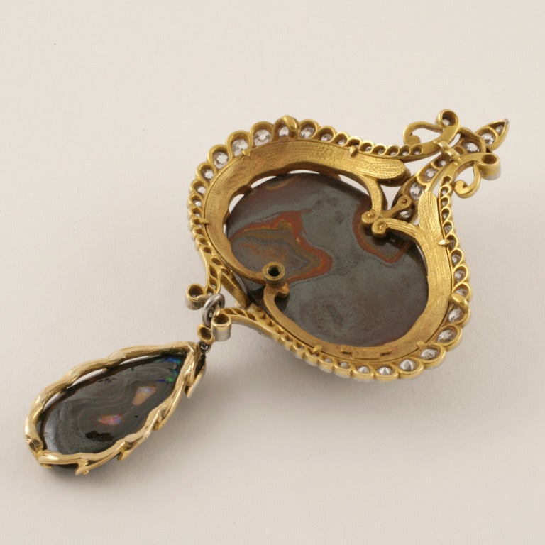 Marcus & Co. Opal Diamond Gold Platinum Brooch Pendant In Excellent Condition In New York, NY