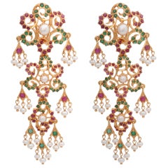 Very Long Chandelier Earrings w/ C. Pearl, Ruby, & Emerald
