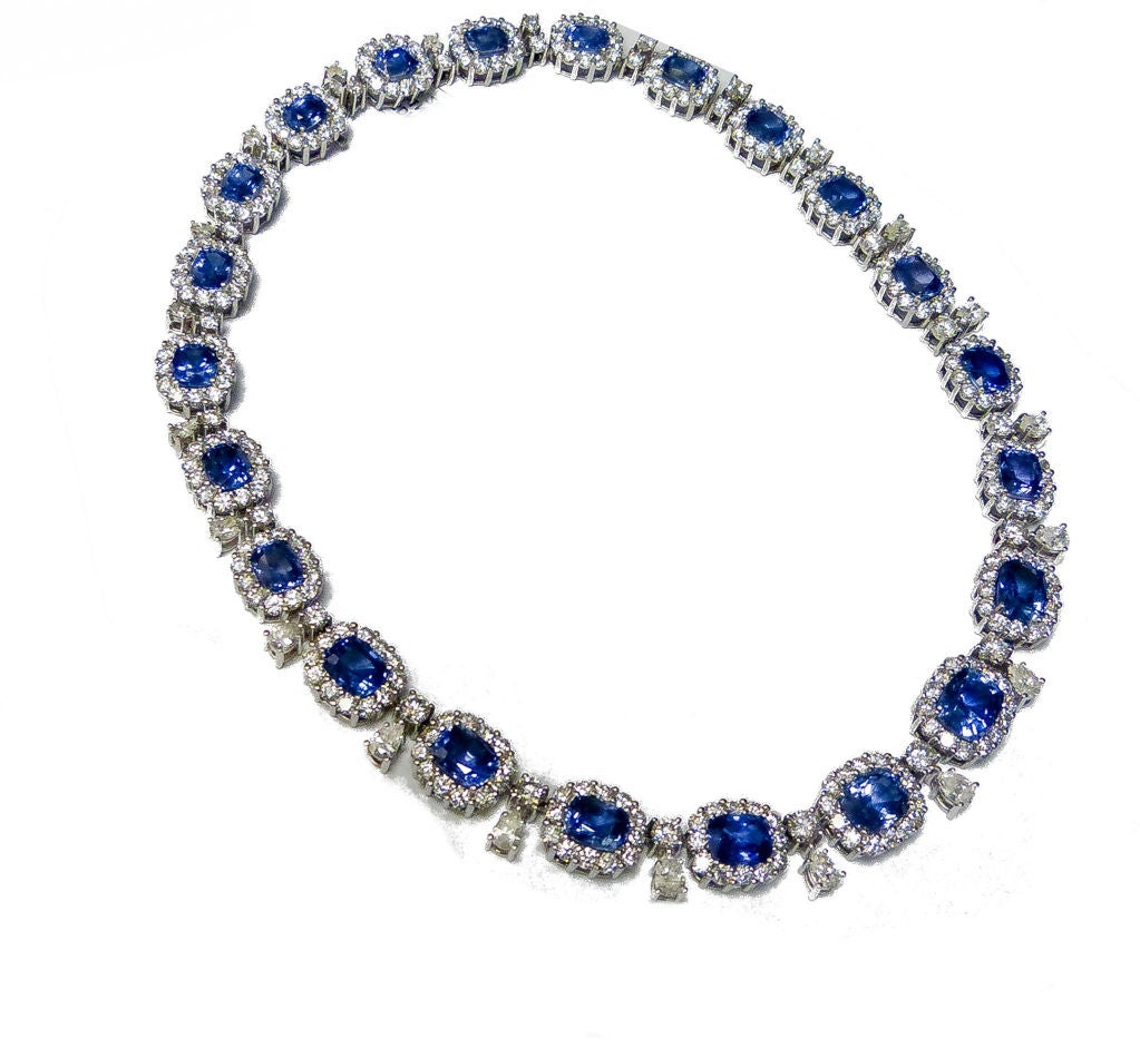 Sotheby's Auction Estate Diamond Necklace from Early 1970's.  
60.74ct. Unheated Natural Sapphire Necklace along with 40.20ct. of Diamonds G-H color, VS clarity.  AGTA Laboratory Certified.