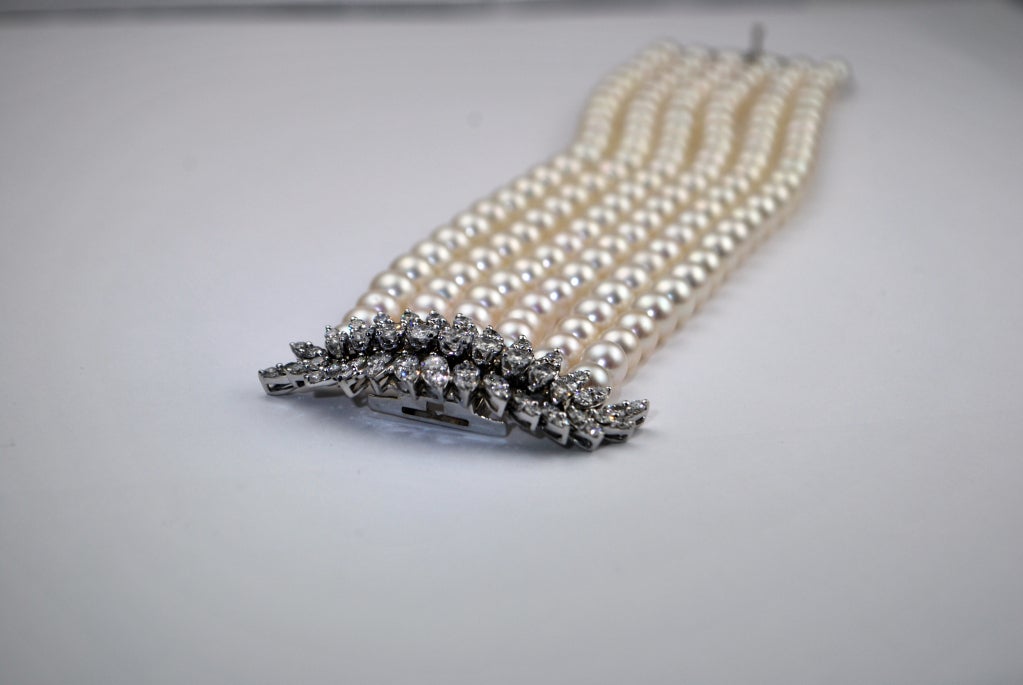 French Six Strand Pearl Diamond & Platinum Bracelet