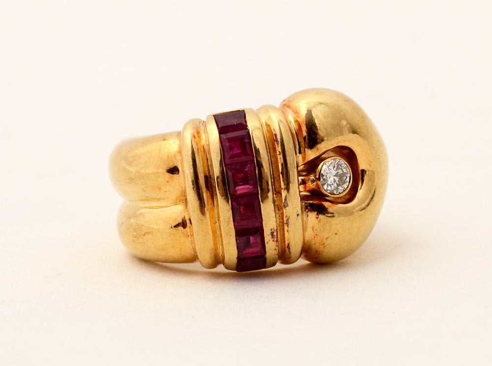 Modern Ruby Diamond Gold Buckle Ring For Sale