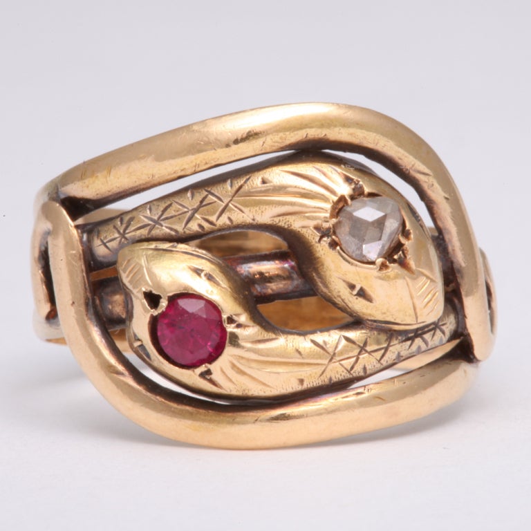 Antique Victorian Diamond Ruby Gold Double-Snake Ring 4