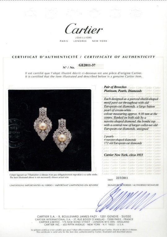 CARTIER Pair of Natural Pearl Diamond Brooches