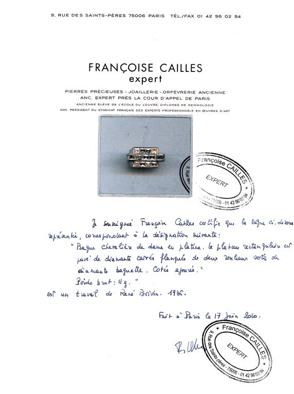 Of geometric design, centring on a plaque of square-cut diamonds, to arched shoulders set with baguette diamonds, Circa 1935. Accompanied by a certificate of authenticity from Francoise Cailles.