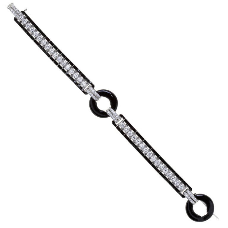 5.25 Carat Art Deco Diamond and Onyx Bracelet set in Platinum