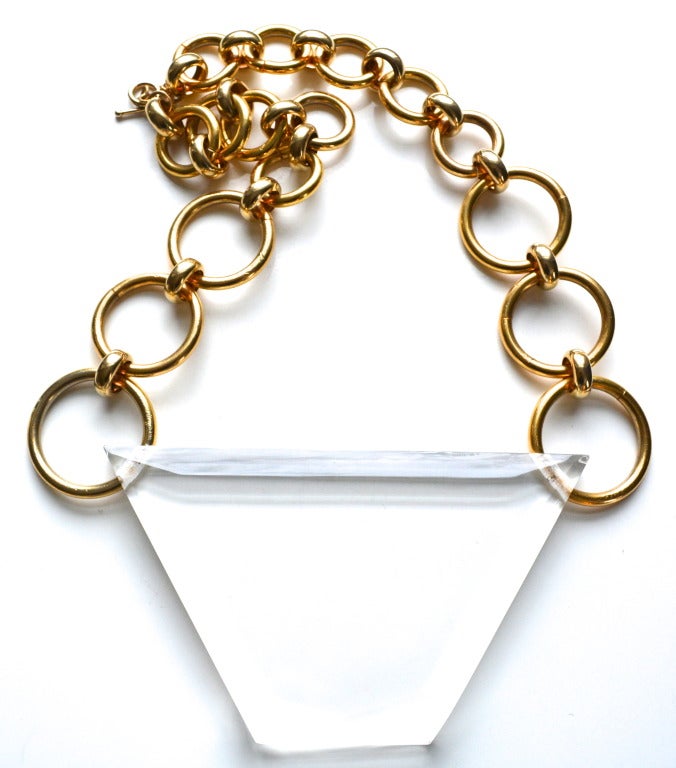 Amazing geometric lucite pendant on very chunky editorial looking chain. I have never seen another and Darien’s pieces are rare.  The lucite is in excellent condition with almost no fine wear.  The design of the chain is interesting and gets smaller