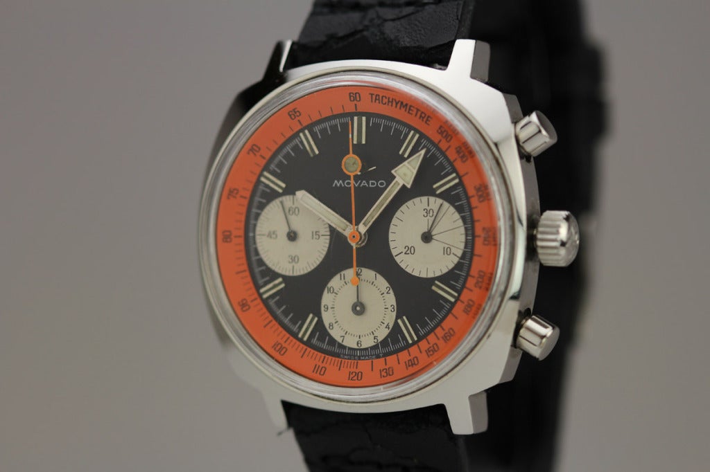 This is a rare sub-sea Movado chronograph from the late 1960s.    This Movado chronograph is in excellent condition with an original black and orange dial.   The sub-sea chronograph is powered by Movado's  manual wind caliber 146hp.  This is a very