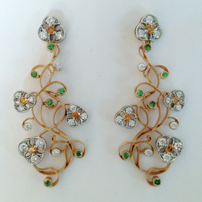Contemporary Dalben Tsavorite Diamond Two Color Gold Floral Chandelier Earrings