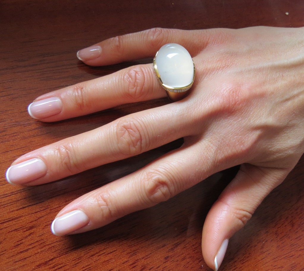 Modern Milky Quartz Diamond Gold Ring In Excellent Condition In Lambertville, NJ