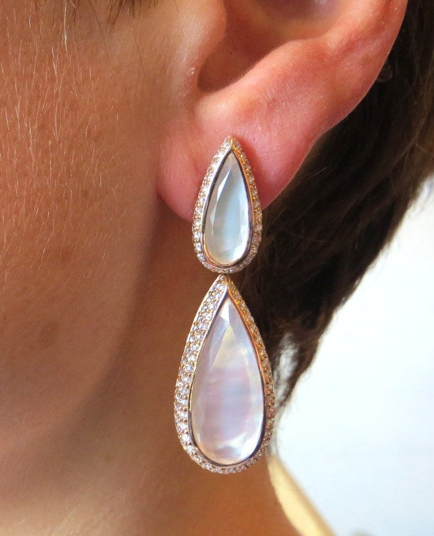 Women's Modern Mother of Pearl Crystal Diamond Gold Teardrop Earrings