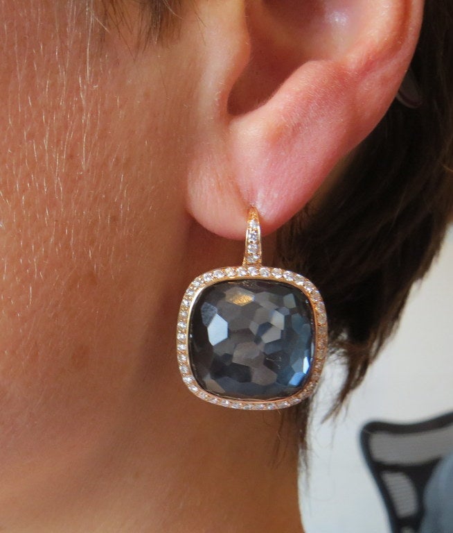 Women's Large Modern Hematite Quartz Diamond Gold Earrings