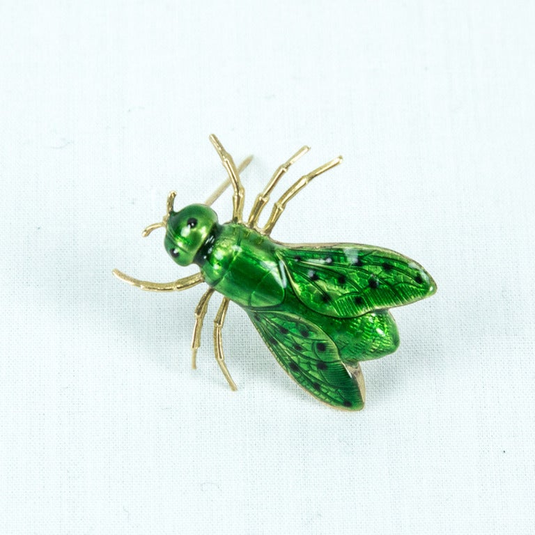 Simply Adorable Green Enamel Fly Pin in 14k Yellow Gold. Wear it on your lapel or shoulder!