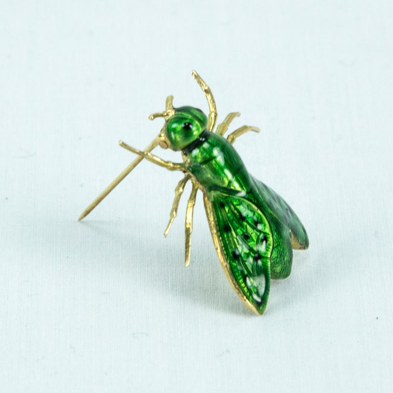 Modernist Green Enamel Gold Fly Brooch Pin Fine Estate Jewelry