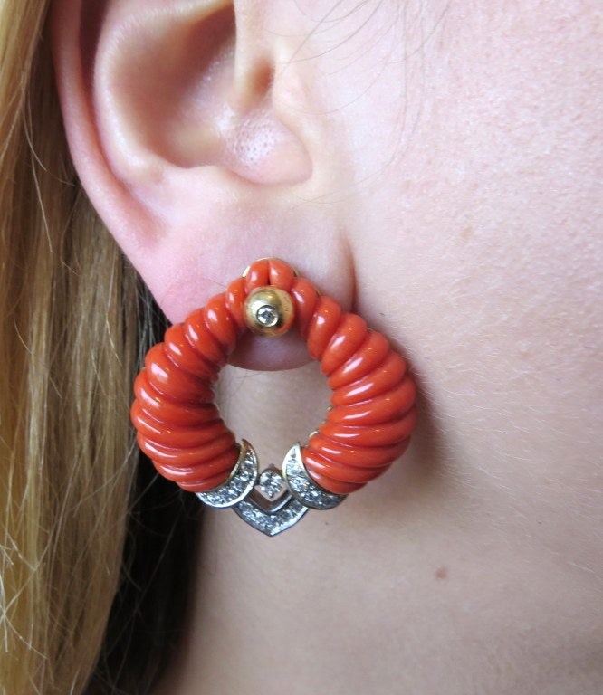 Women's Carved Coral Diamond Gold Earring Jackets