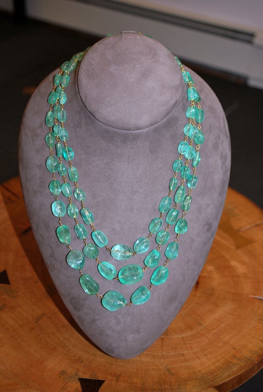 Remarkable Colombian Emerald Bead Three-Strand Necklace