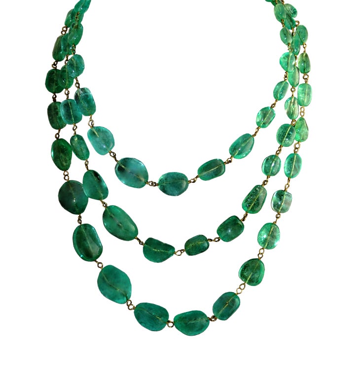 Remarkable Colombian Emerald Bead Three-Strand Necklace For Sale 3