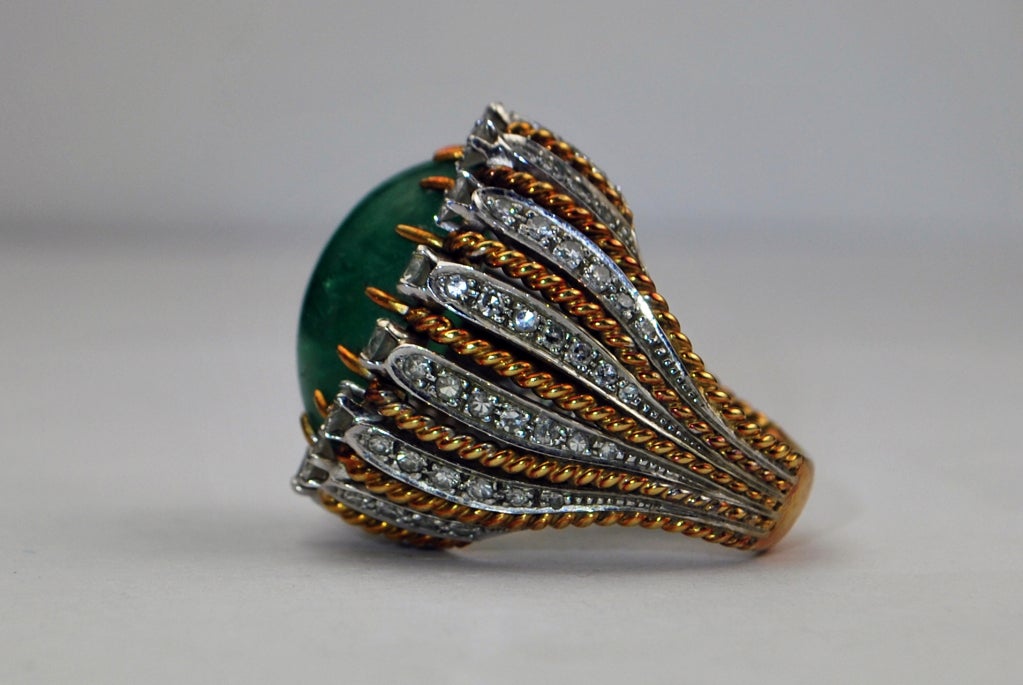 Women's 1950's Two Tone Columbian Cabochon Emerald & Diamond Ring For Sale