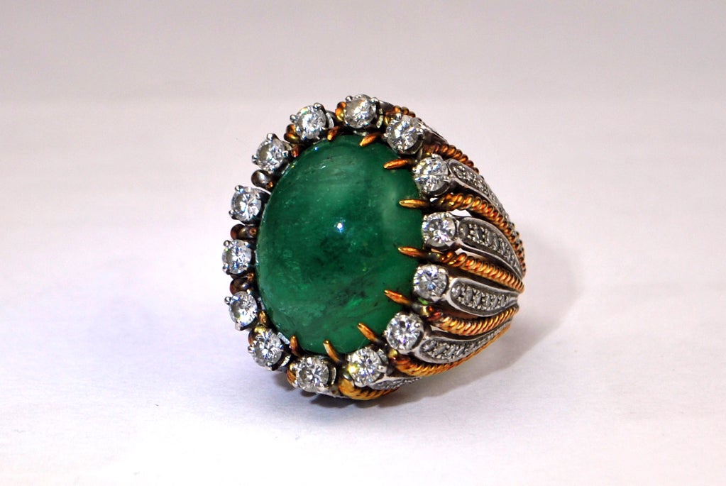 1950's Two Tone Columbian Cabochon Emerald & Diamond Ring For Sale 1