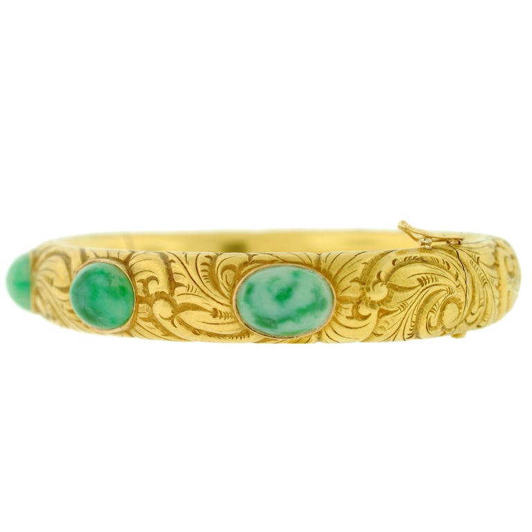 Victorian Jade Cabochon Wide Gold Repousse Bracelet