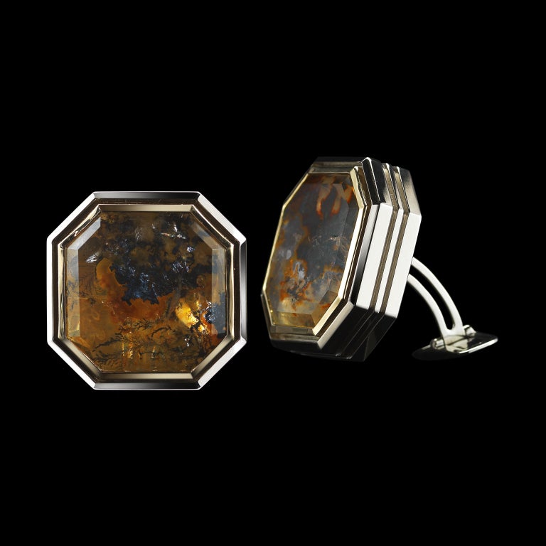 Contemporary Octagon-Cut Dendritic Quartz Diamond Gold Cufflinks